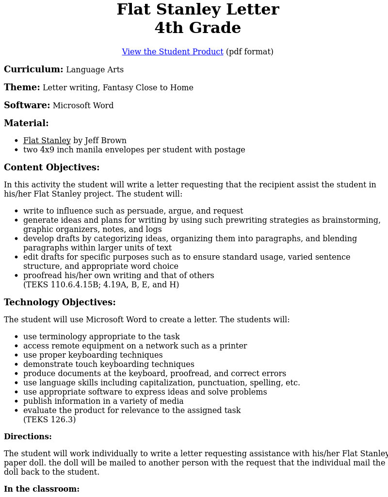 Flat Stanley Letter Lesson Plan