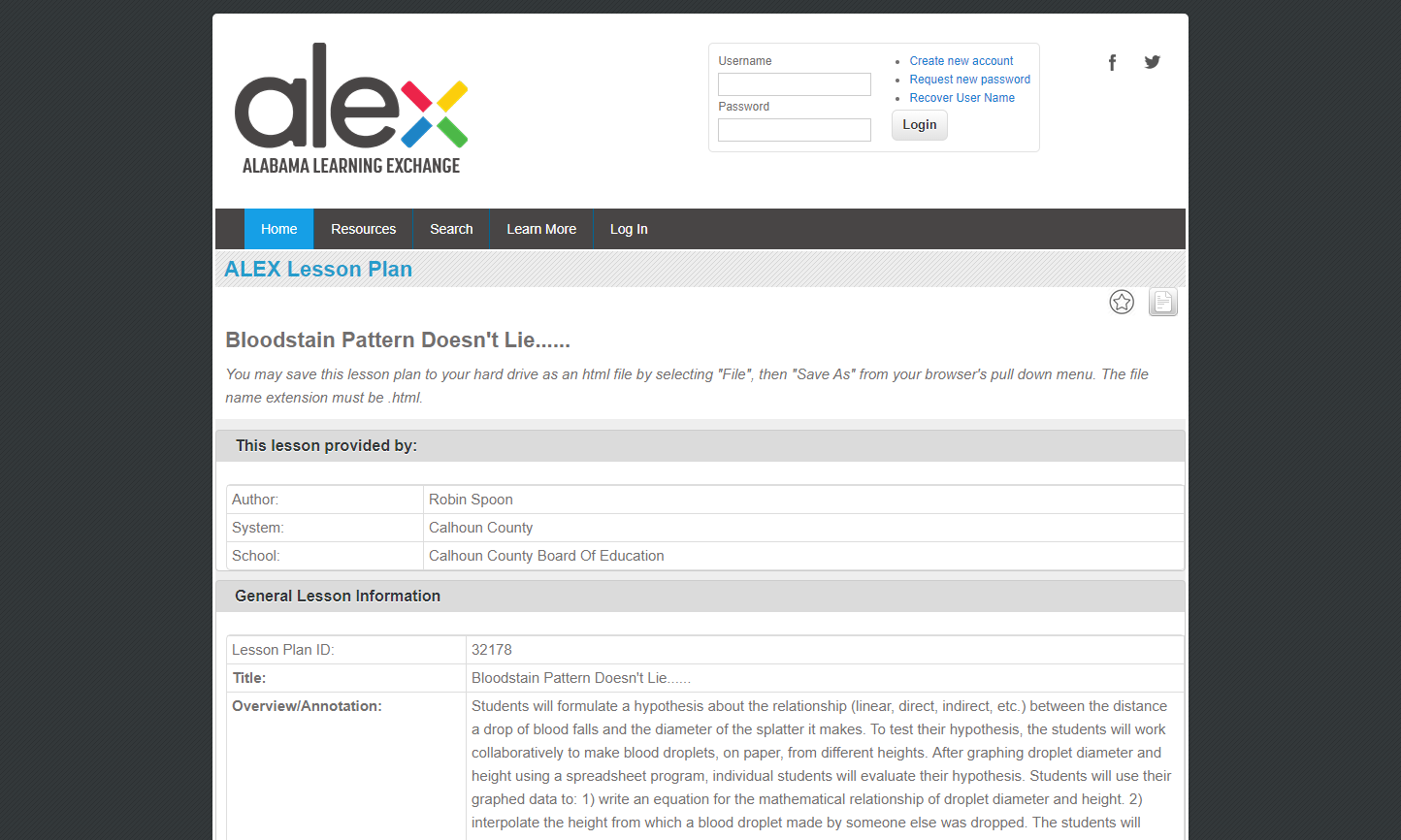 Bloodstain Pattern Doesn't Lie...... Lesson Plan
