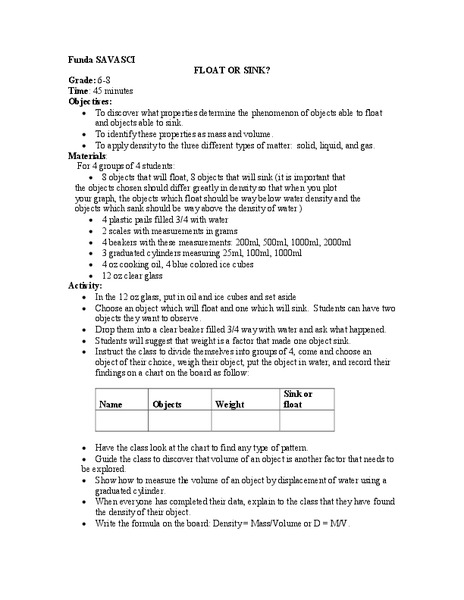 Float or Sink? Lesson Plan