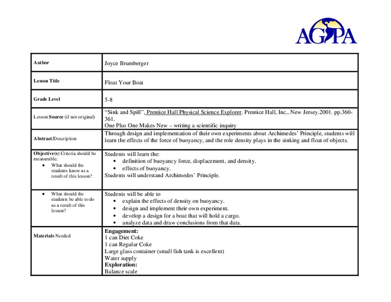 Float Your Boat Lesson Plan