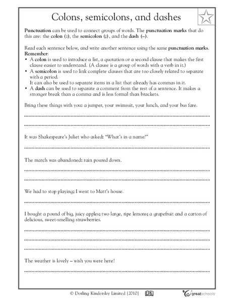 Colons, Semicolons, and Dashes Worksheet