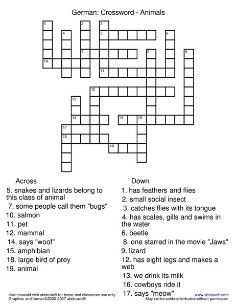 German Vocabulary Crossword Puzzles Worksheet