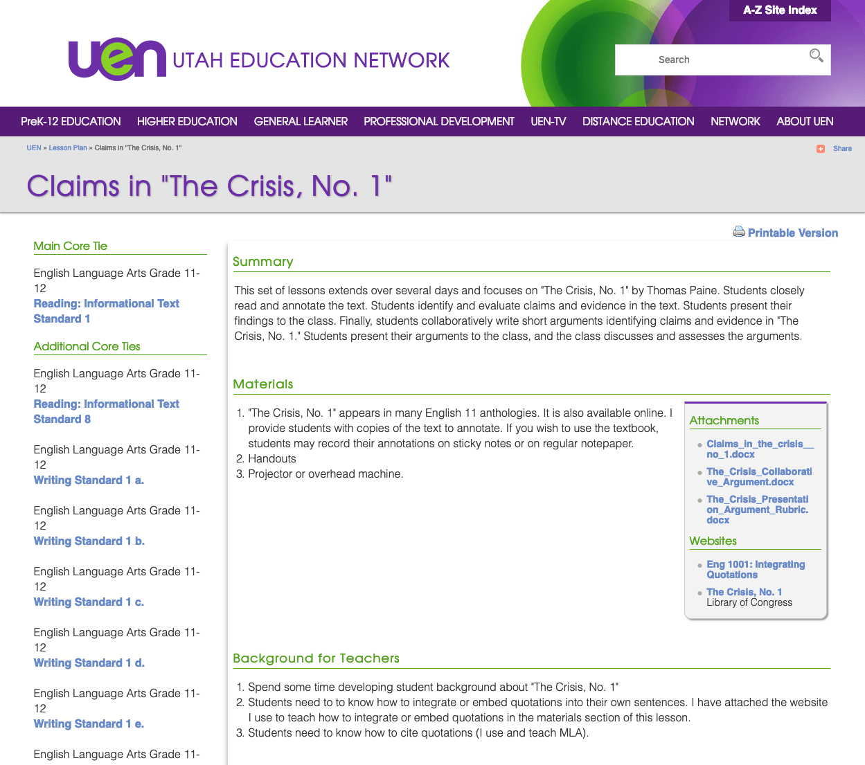 Claims in "The Crisis, No. 1" Lesson Plan
