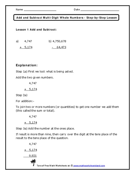 Add and Subtract Multi-Digit Whole Numbers Worksheet