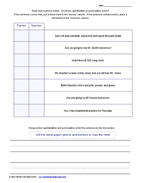 Correct and Incorrect Punctuation Table Organizer