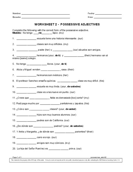 Possessive Adjectives - Worksheet 2 Worksheet