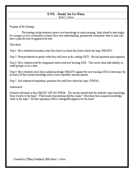 Ready Set Go Woah: KWL for Ender's Game Lesson Plan