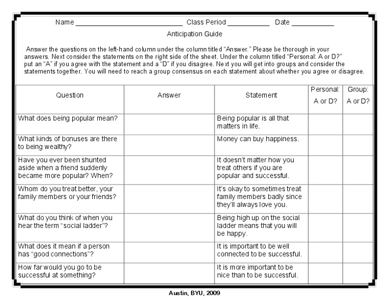 Great Expectations: Anticipation Guide Worksheet