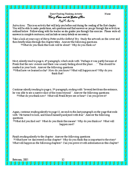 Direct Reading Thinking Activity Harry Potter and the Goblet of Fire Worksheet