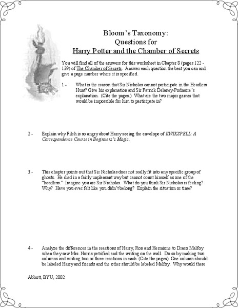 Bloom’s Taxonomy: Questions for Harry Potter and the Chamber of Secrets Lesson Plan