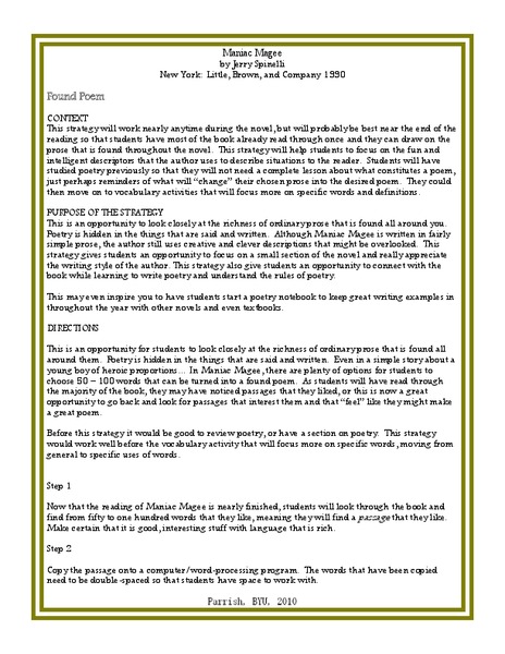 Maniac Magee: Found Poem Lesson Plan