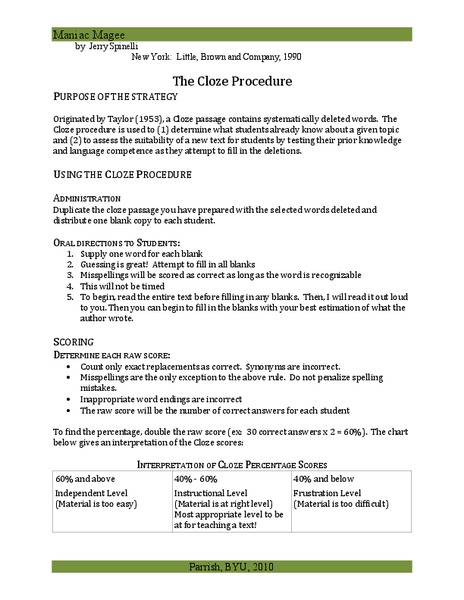 Maniac Magee: The Cloze Procedure Lesson Plan