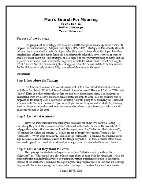 Man's Search for Meaning: K-W-H-L Strategy Lesson Plan