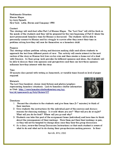 Maniac Magee: Problematic Situation Lesson Plan