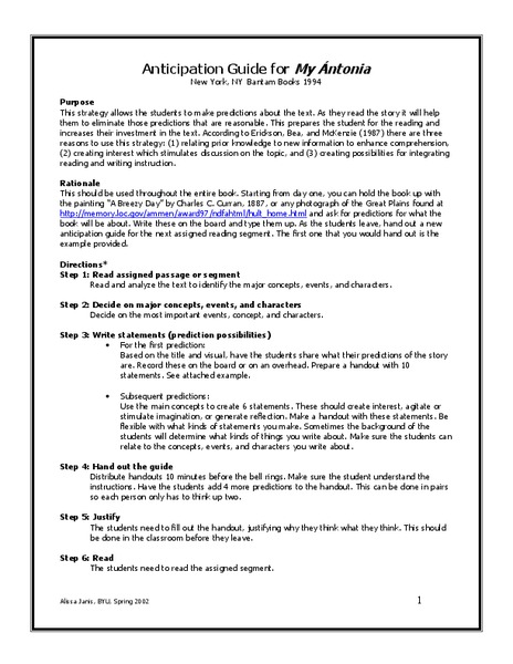 My Antonia: Anticipation Guide Lesson Plan