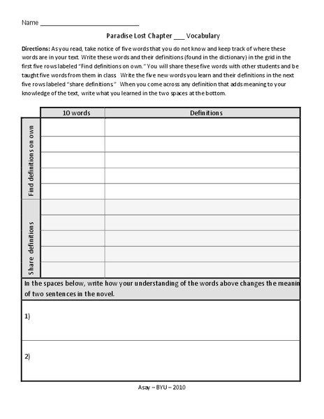 Paradise Lost: Identifying Vocabulary Lesson Plan