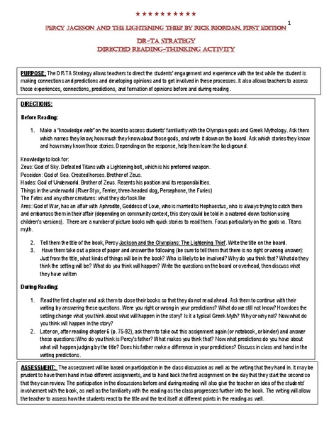 The Lightning Thief: Directed Reading-Thinking Activity Lesson Plan