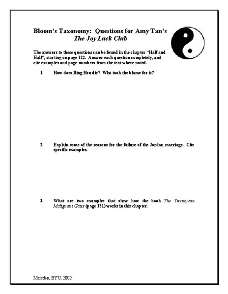 The Joy Luck Club: Bloom's Taxonomy: Questions Worksheet