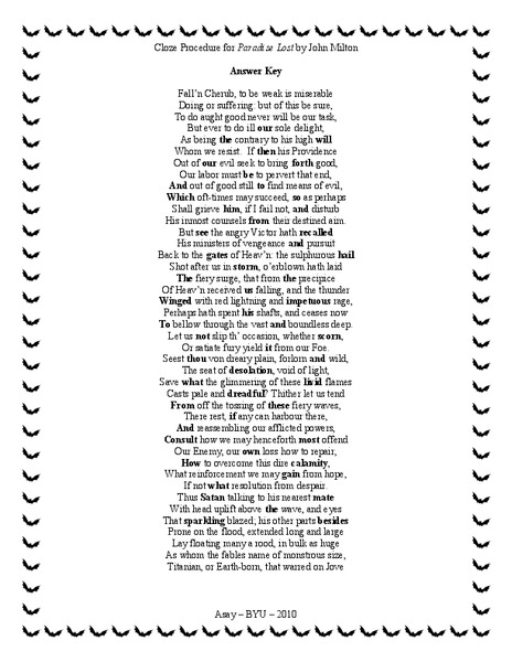 Paradise Lost: Cloze Procedure Lesson Plan