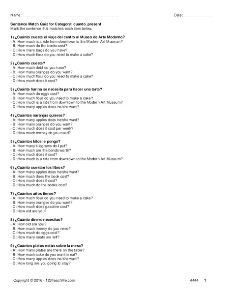 Cuanto and present tense Worksheet