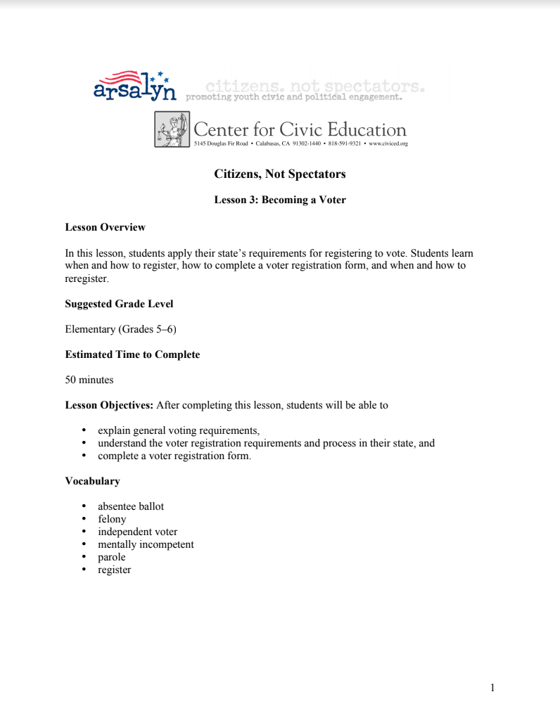 Lesson 3: Becoming a Voter Lesson Plan