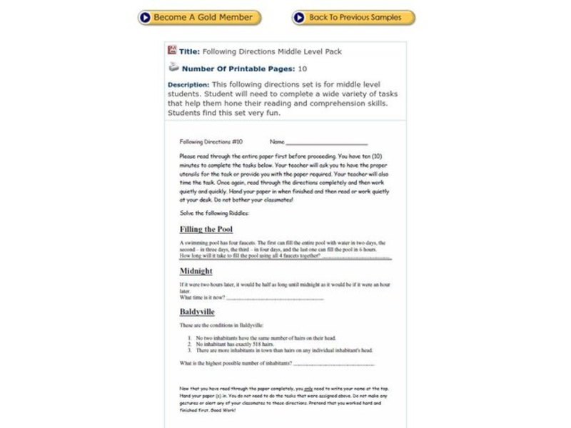 Following Directions Worksheet