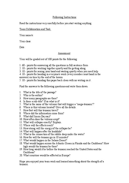 Following Instructions  Worksheet