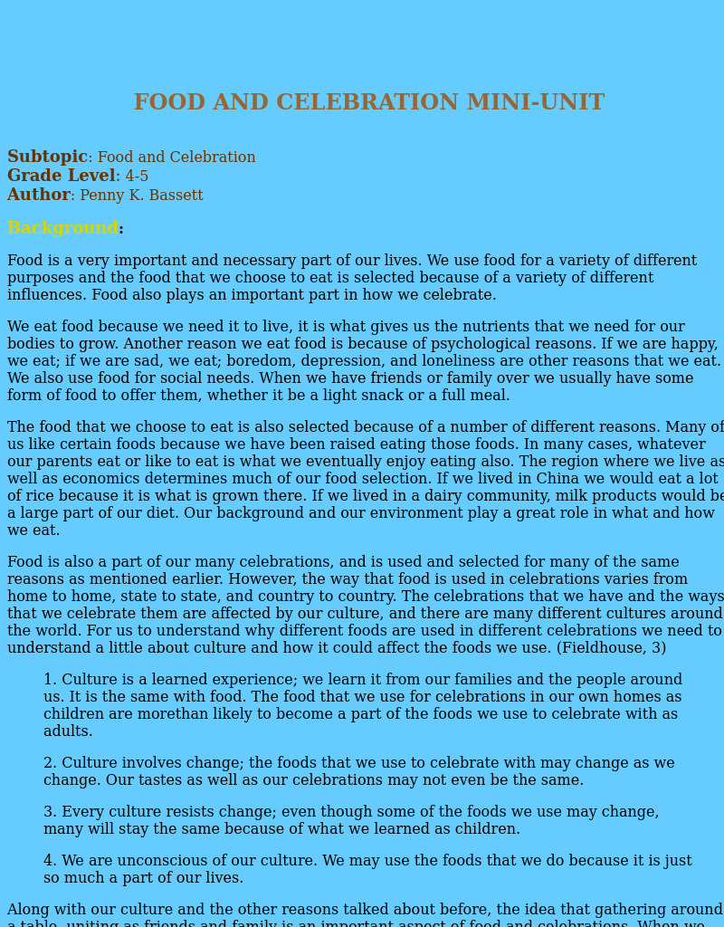 Food And Celebration Lesson Plan