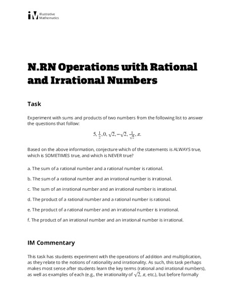Operations with Rational and Irrational Numbers Assessment
