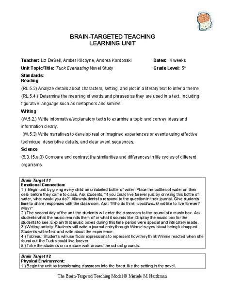 Tuck Everlasting Novel Study Unit Plan