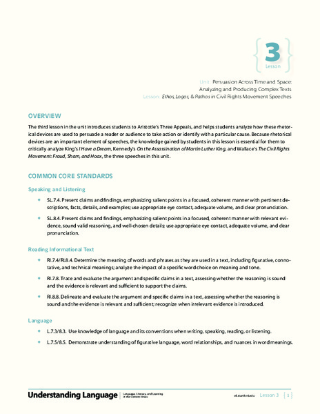 Ethos, Logos, and Pathos in Civil Rights Movement Speeches Lesson Plan
