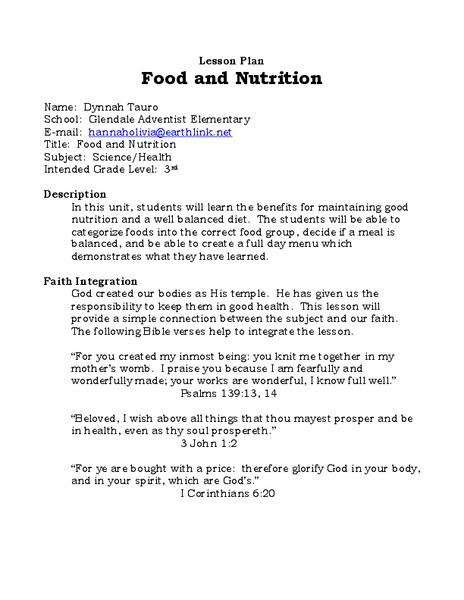 Food and Nutrition Lesson Plan