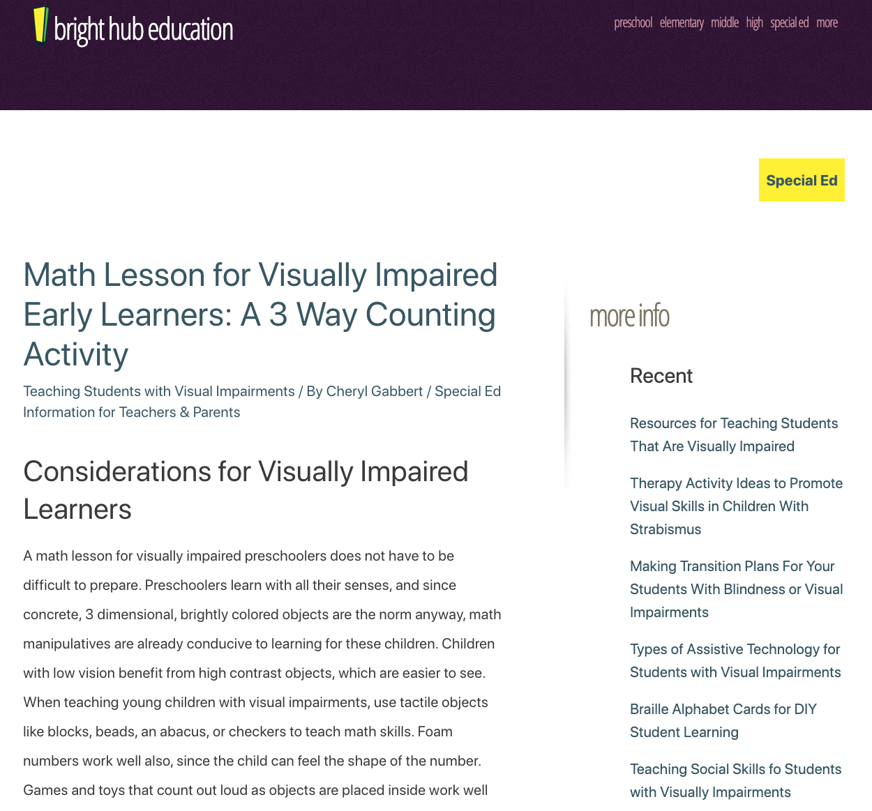 Math Lesson for Visually Impaired Early Learners: A 3 Way Counting Activity Lesson Plan