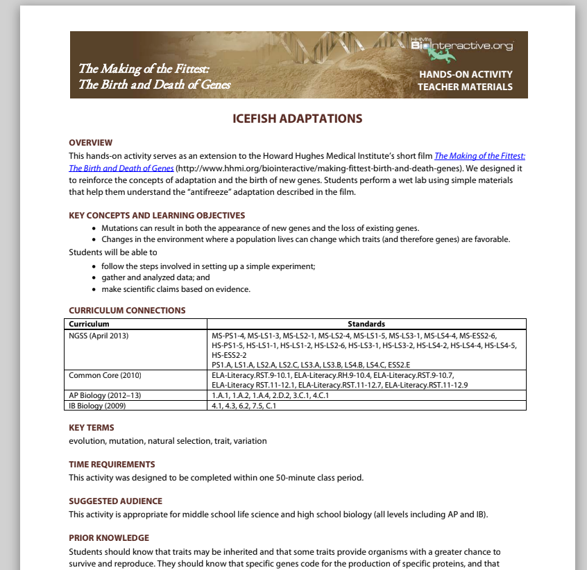 Icefish Adaptations Lesson Plan