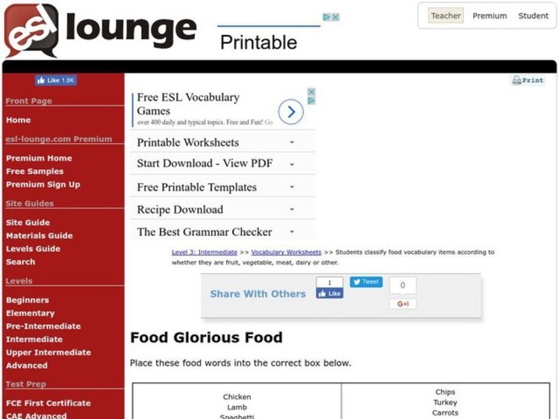 Food Glorious Food Worksheet