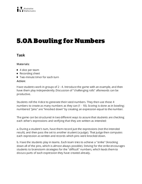 Bowling for Numbers Activity