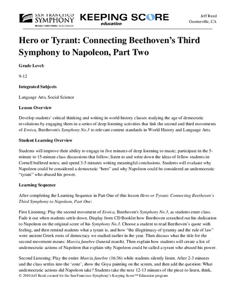 Hero or Tyrant: Connecting Beethoven’s Third Symphony to Napoleon, Part Two Unit Plan