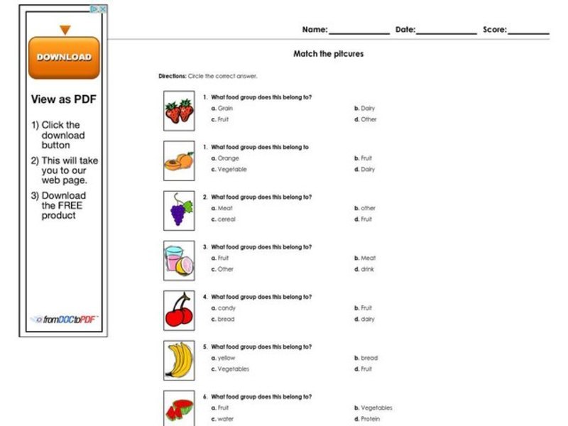 Food Groups Worksheet