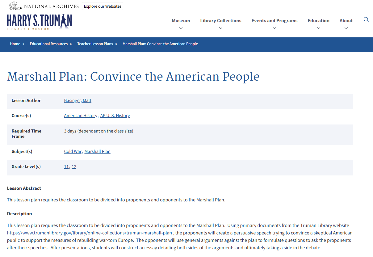 Marshall Plan: Convince the American People Lesson Plan