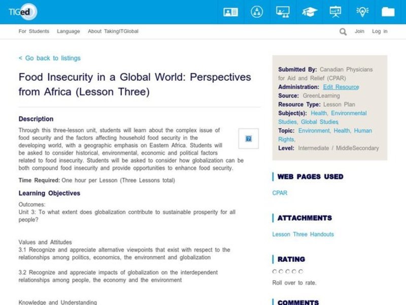 Food Insecurity in a Global World: Perspectives from Africa Lesson Plan
