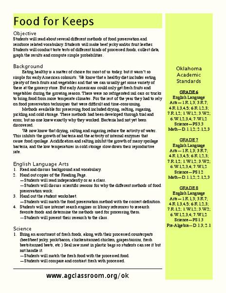 Food For Keeps Lesson Plan