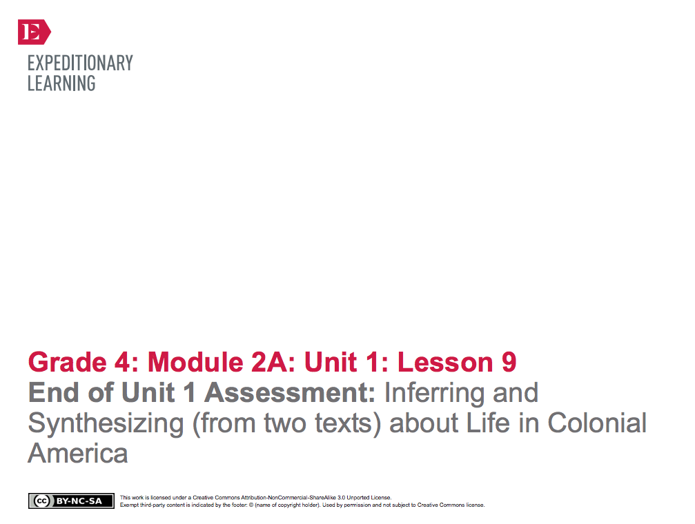 End of Unit 1 Assessment: Inferring and Synthesizing (From Two Texts) About Life in Colonial America Lesson Plan