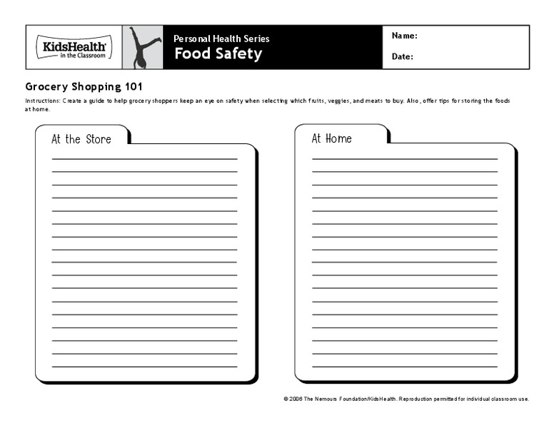Handout: Food Safety (Grades 6 to 8) Worksheet