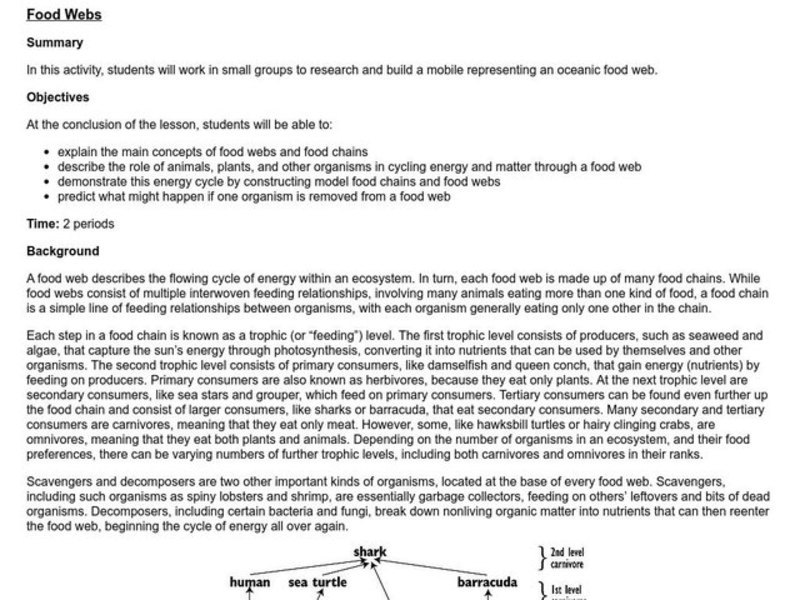 Food Web Mobile Lesson Plan