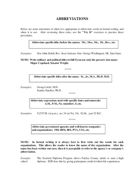 Abbreviations Worksheet