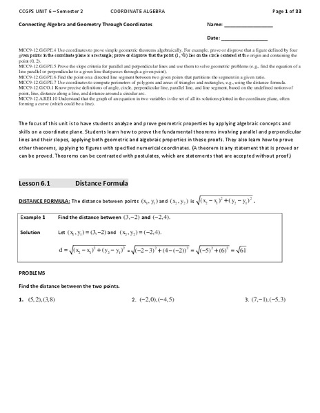 Connecting Algebra and Geometry Through Coordinates Unit Plan