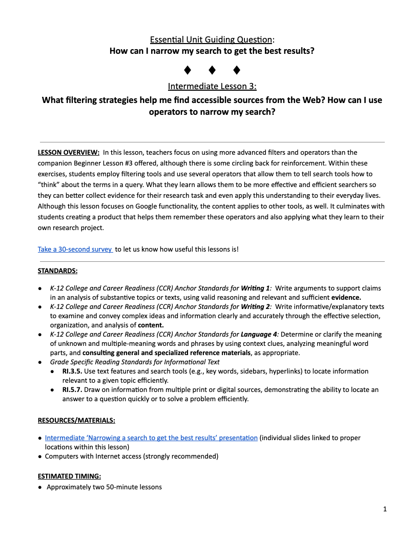 Intermediate 3: Narrowing a Search to Get the Best Results Lesson Plan