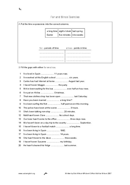 For and Since Exercise Worksheet