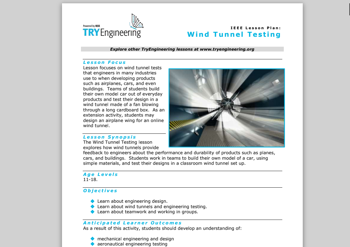 Wind Tunnel Testing Lesson Plan