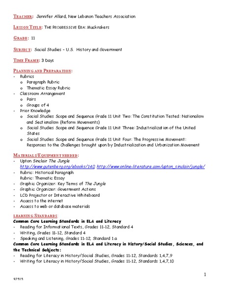 The Progressive Era: Muckrakers Unit Plan